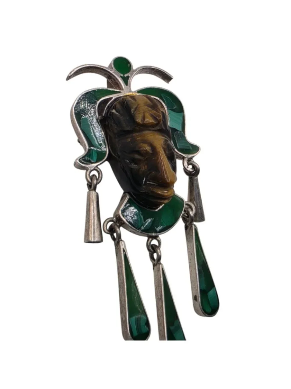 Vintage Taxco Mexico 925 Sterling Silver Malachite Tiger Eye Mask Brooch Pin